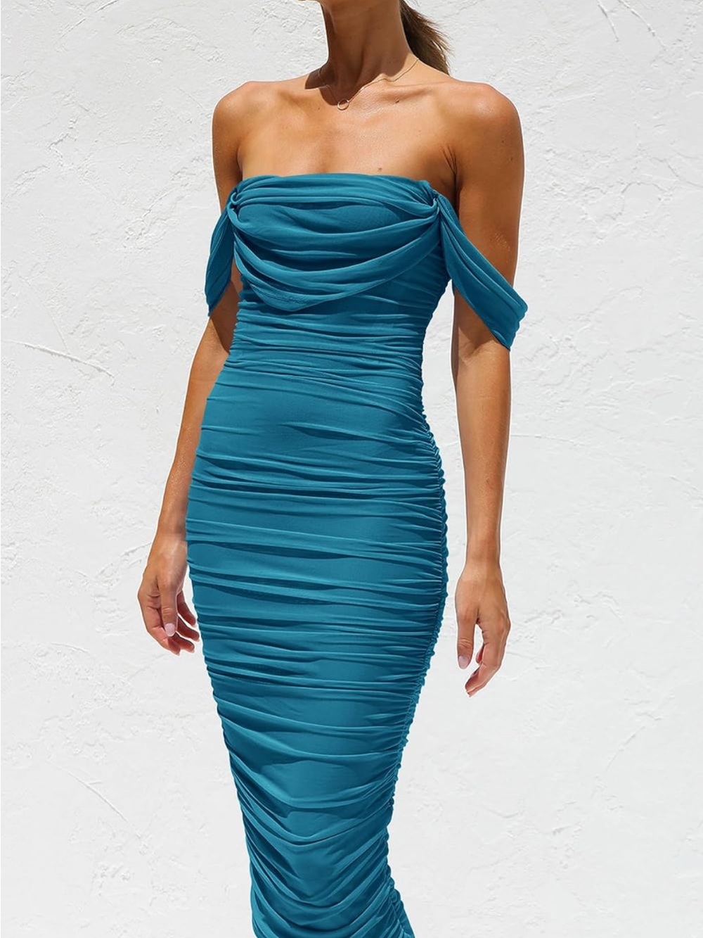 Off-Shoulder Teal Ruched Midi Dress - Picture 2 of 3